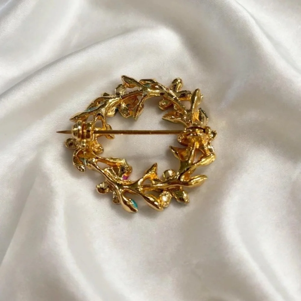 Gold-tone Floral Enamel Wreath Brooch in Pink, Blue, and Green